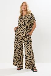 YOURS Plus Size Natural Brown Leaf Crinkle Wide Leg Trousers | Yours Clothing 1