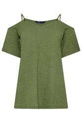 YOURS Curve Khaki Green Textured Cold Shoulder Top