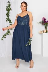 LUXE Plus Size Navy Blue Sequin Embellished Sleeveless Maxi Dress | Yours Clothing 1