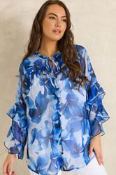 EVANS Plus Size Blue Floral Tie Neck Frill Blouse | Evans 3