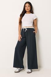 PixieGirl Petite Women's Navy Blue Contrast Pintuck Wide Leg Trousers | PixieGirl 1