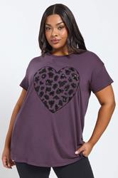 YOURS Curve Purple Leopard Print Sequin Heart T-Shirt | Yours Clothing 3