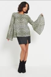 PixieGirl Petite Women's Grey Woven Snake Print Bell Sleeve Top | PixieGirl 1