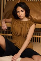 PixieGirl Petite Women's Brown Woven Shirred Waist Top | PixieGirl 1