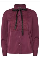 PixieGirl Petite Burgundy Red Lace Trim Tie Neck Shirt