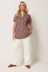 YOURS Plus Size Burnt Orange Diamond Print Notch Neck Top | Yours Clothing 1