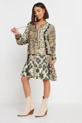 PixieGirl Petite Women's Beige Brown Patchwork Print Tiered Midi Dress | PixieGirl 2