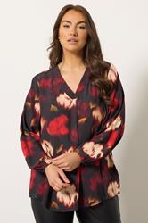 EVANS Plus Size Red Blurred Floral Pleat Front Long Sleeve Blouse | Evans 3