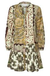 PixieGirl Petite Women's Beige Brown Patchwork Print Tiered Midi Dress | PixieGirl 5