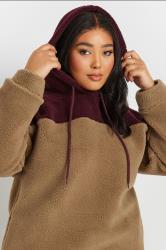YOURS Plus Size Natural Brown & Burgundy Red Colourblock Teddy Fleece Hoodie | Yours Clothing  4