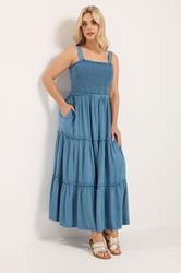 YOURS Plus Size Blue Shirred Strappy Chambray Maxi Dress | Yours Clothing 3
