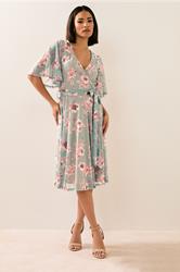 PixieGirl Petite Women's Sage Green Mesh Floral Wrap Midi Dress | PixieGirl 1
