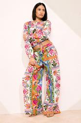PixieGirl Petite Women's Orange Abstract Tile Print Cotton Wide Leg Trousers | PixieGirl 1