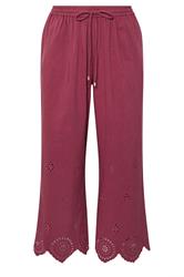 EVANS Plus Size Burgundy Red Broderie Hem Linen Trousers | Evans 6