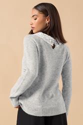 PixieGirl Petite Women's Grey Lace Collar Bow Jumper | PixieGirl 2