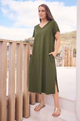 EVANS Plus Size Khaki Green Premium Cotton Dress | Evans 3