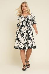YOURS Plus Size Black Abstract Print Tie Neck Mini Dress | Yours Clothing 1