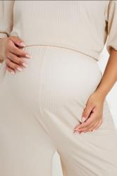 BUMP IT UP MATERNITY Plus Size Cream Premium Ribbed Wide Leg Trousers | Yours Clothing 4