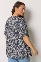 YOURS Plus Size Navy Blue Floral Pleat Front Top | Yours Clothing 2