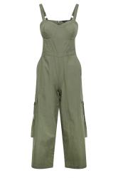 PixieGirl Petite Khaki Green Cotton Utility Wide Leg Jumpsuit