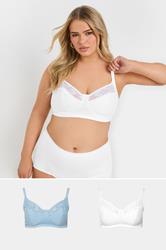 YOURSET 2 PACK Curve Blue & White Cotton Lace Trim Non-Padded Non-Wired Bralettes | Yours Clothing 1