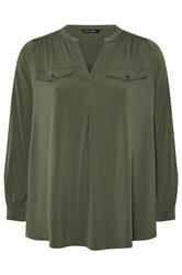 EVANS Curve Khaki Green Notch Neck Utility Shirt