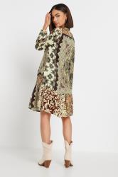 PixieGirl Petite Women's Beige Brown Patchwork Print Tiered Midi Dress | PixieGirl 4