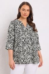 EVANS Plus Size Black Abstract Print Pleat Front Henley Top | Evans 3