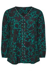 EVANS Curve Green Abstract Floral Stud Detail Top