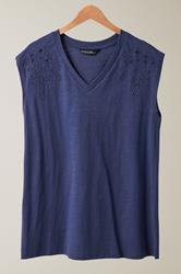 EVANS Curve Navy Blue Broderie Anglaise Vest Top
