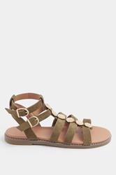 Khaki Green Hammered Disk Gladiator Sandals In Wide E Fit | Yours Clothing 2