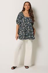 YOURS Plus Size Black Ditsy Floral Peplum Top | Yours Clothing 1