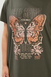 YOURS Plus Size Khaki Green 'Free Spirit' Butterfly Embellished T-Shirt | Yours Clothing 4