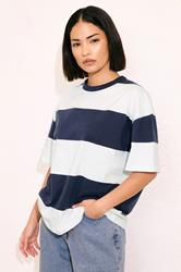 PixieGirl Petite Women's Navy Blue Striped Cotton Boxy T-Shirt | PixieGirl 3