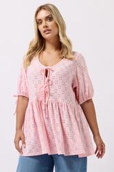 YOURS Plus Size Pink Broderie Anglaise Tie Front Peplum Top | Yours Clothing 3