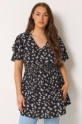 YOURS Plus Size Black Daisy Flutter Sleeve Top | Yours Clothing 3