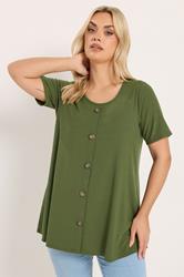 YOURS Plus Size Khaki Green Button Front Ribbed Swing Top | Yours Clothing 3