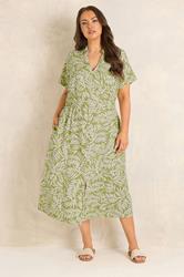 EVANS Plus Size Green Leaf Print Shirred Waist Midi Linen Dress | Evans 1