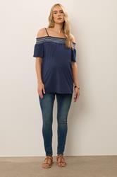 LTS Tall Maternity Navy Blue Embroidered Bardot Top | Long Tall Sally 1