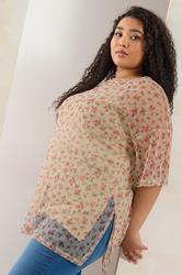 YOURS Plus Size Natural Brown Ditsy Floral Oversized Mesh Top | Yours Clothing 4