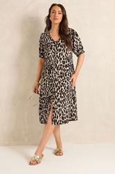 EVANS Plus Size Brown Button Through Animal Print Midi Dress | Evans 1