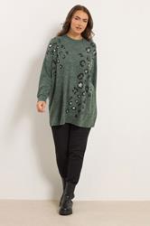YOURS Plus Size Green Leopard Animal Print Stud Jumper | Yours Clothing 1