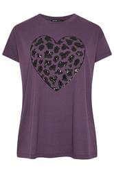 YOURS Curve Purple Leopard Print Sequin Heart T-Shirt