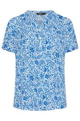 YOURS Curve Blue Crinkle Floral Notch Neck Top