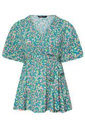 YOURS Curve Teal Blue Floral Wrap Textured Top