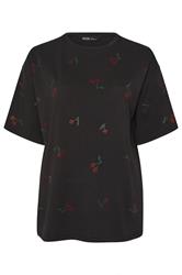YOURS Curve Black Embellished Cherry Oversized T-Shirt