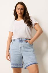 YOURS Plus Size Blue Hem Detail Denim Shorts | Yours Clothing 3