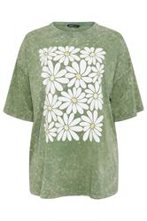 YOURS Curve Green Acid Wash Boxy Daisy Print T-Shirt