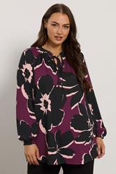 EVANS Plus Size Purple & Black Floral Tie Neck Blouse | Evans 3