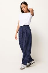 PixieGirl Petite Womens Navy Blue Stripe Barrel Leg Trousers | PixieGirl 3